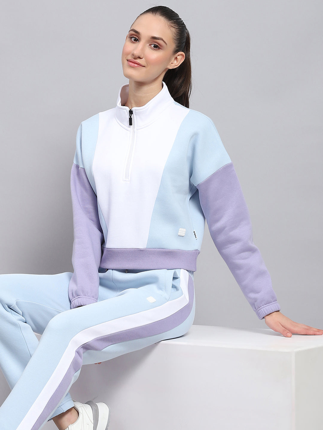 Women Blue Solid Mock Neck Full Sleeve Tracksuit