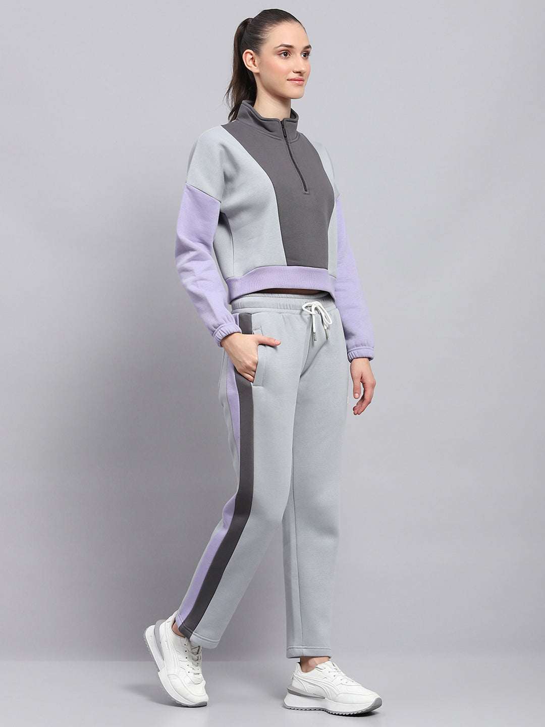 Women Grey Solid Mock Neck Full Sleeve Tracksuit