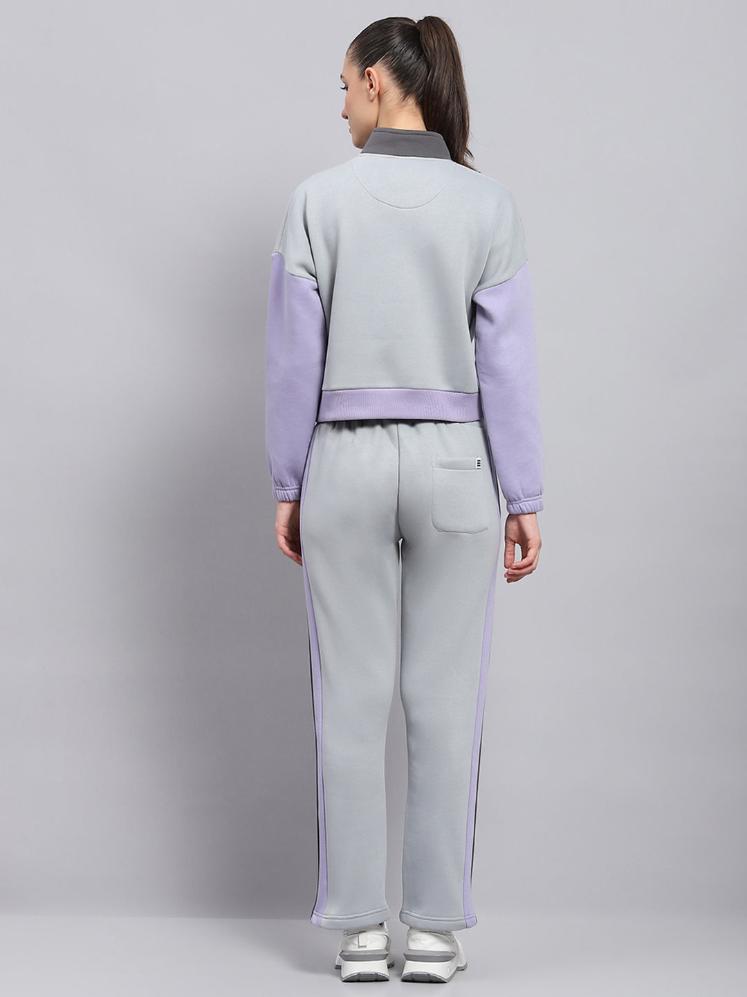 Women Grey Solid Mock Neck Full Sleeve Tracksuit