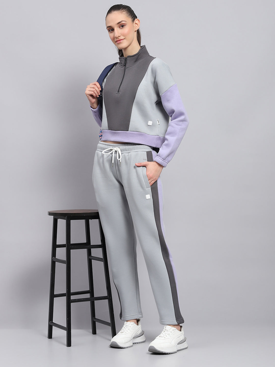 Women Grey Solid Mock Neck Full Sleeve Tracksuit