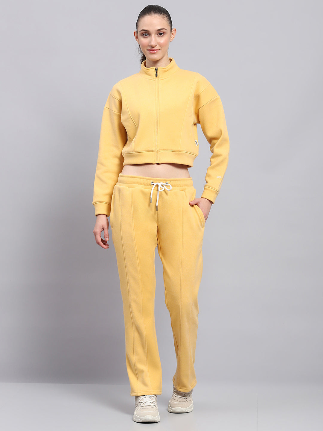 Women Yellow Solid Mock Neck Full Sleeve Tracksuit