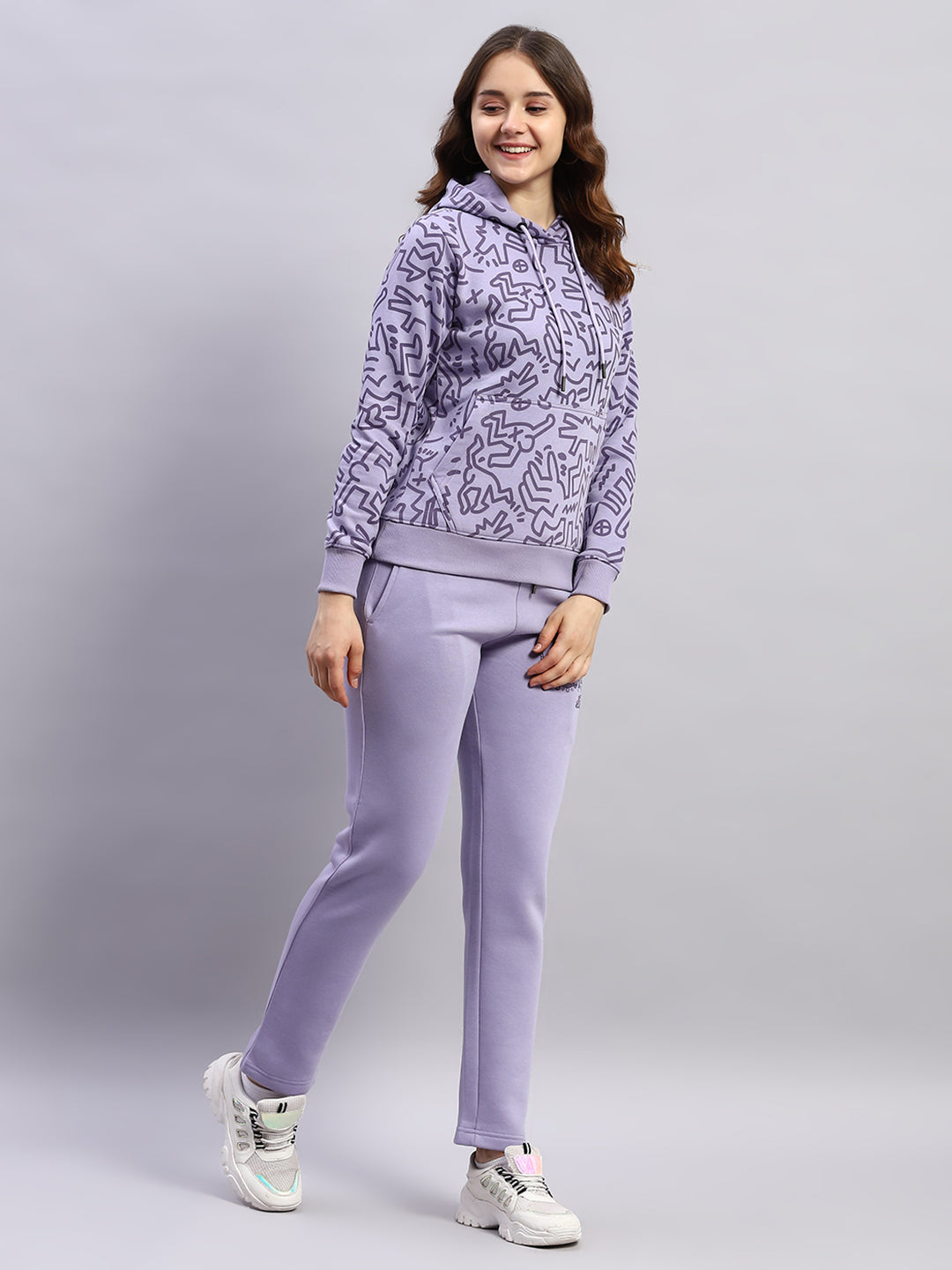 Women Purple Printed Hooded Full Sleeve Tracksuit