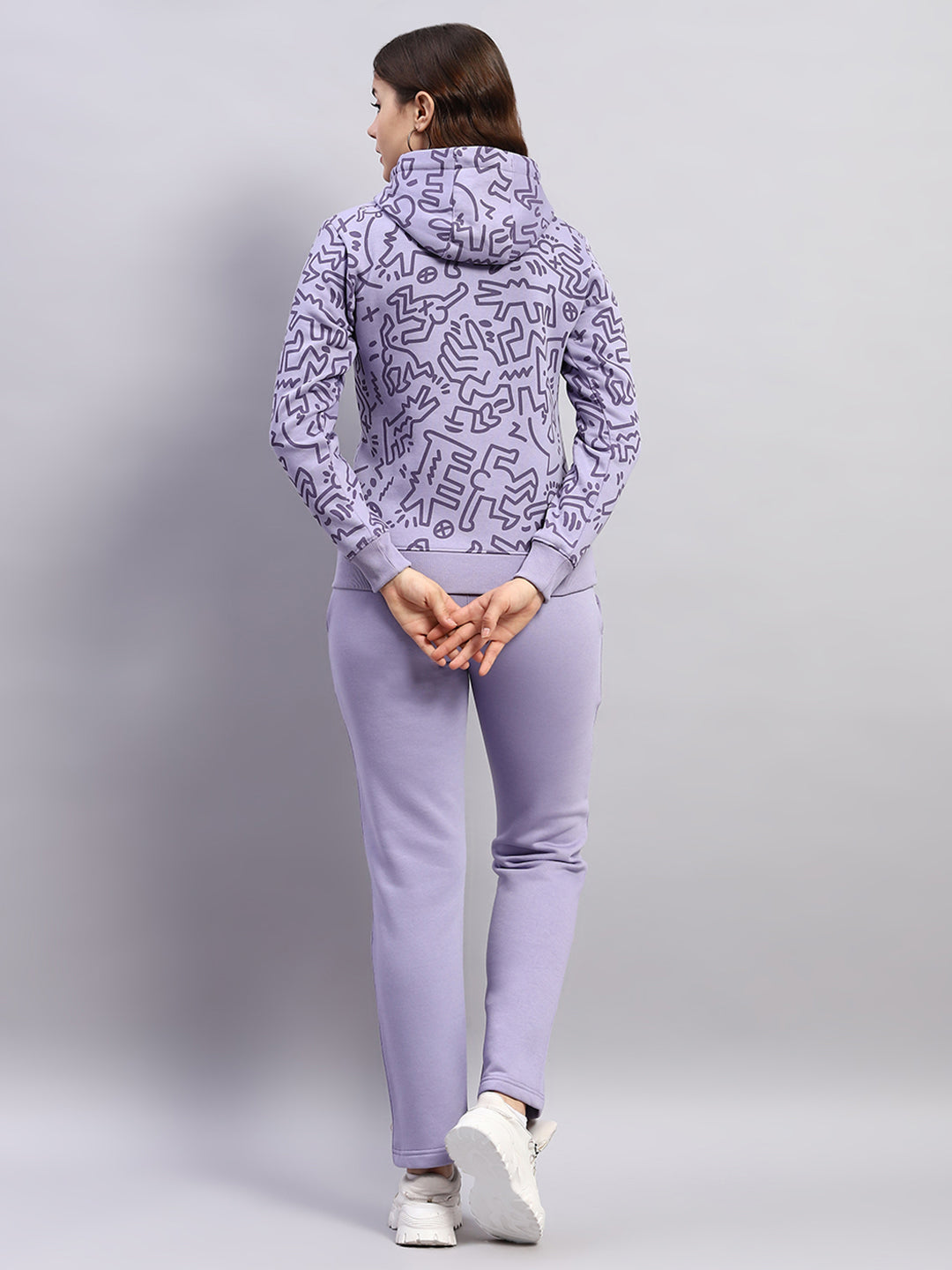 Women Purple Printed Hooded Full Sleeve Tracksuit