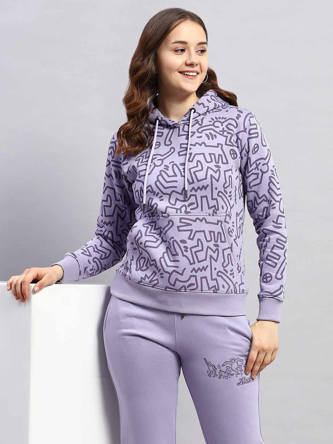 Women Purple Printed Hooded Full Sleeve Tracksuit