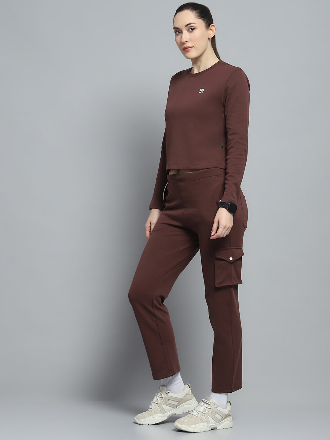 Women Brown Solid Round Neck Full Sleeve Tracksuit