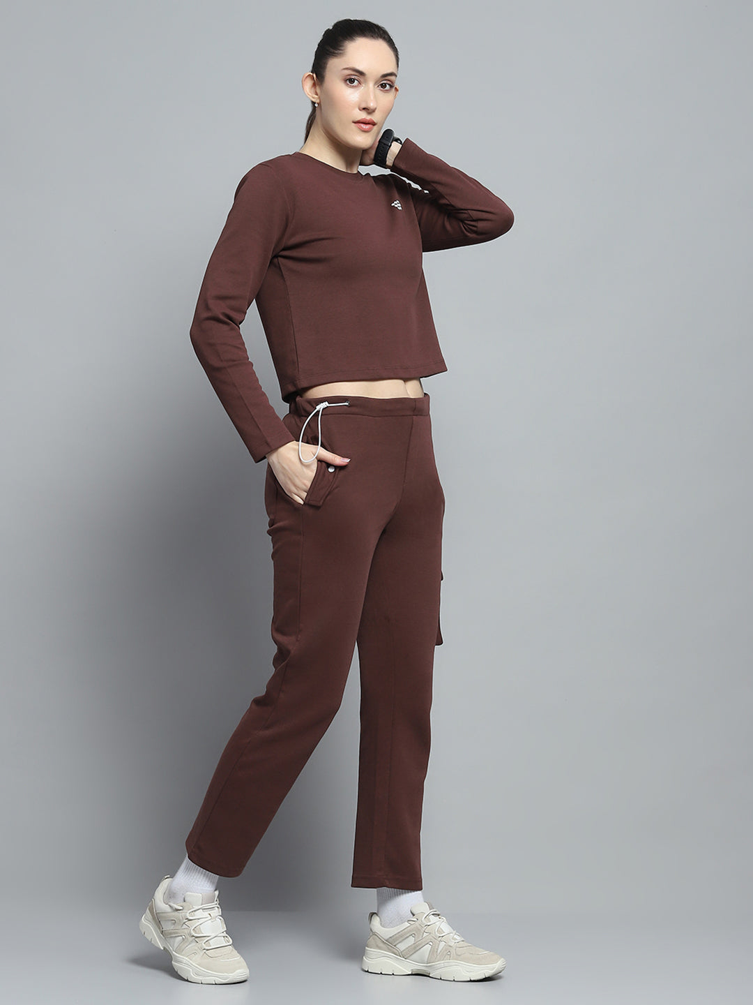 Women Brown Solid Round Neck Full Sleeve Tracksuit