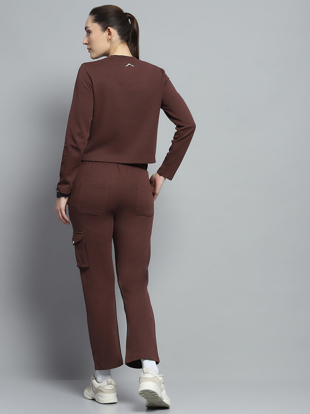 Women Brown Solid Round Neck Full Sleeve Tracksuit