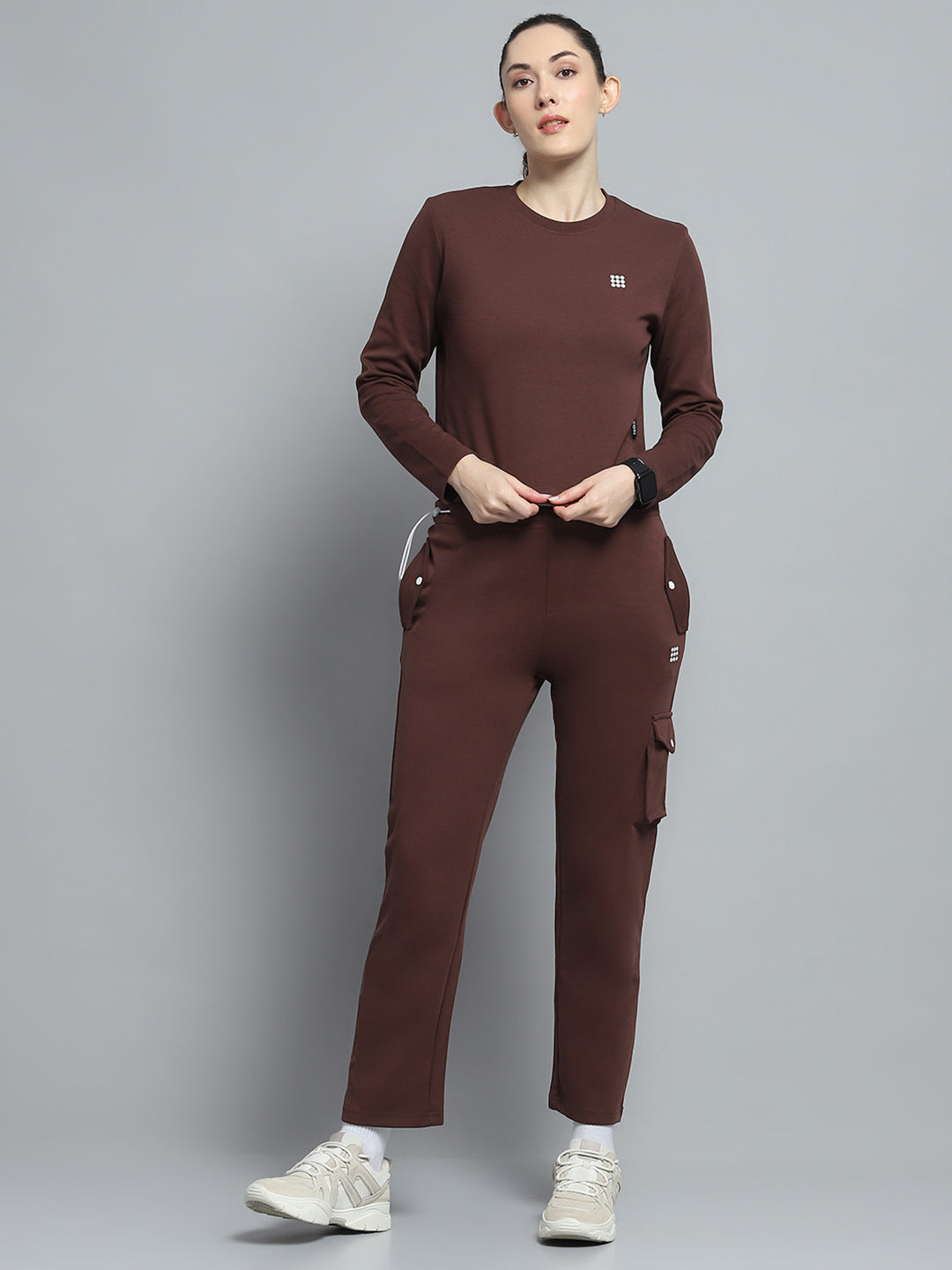 Women Brown Solid Round Neck Full Sleeve Tracksuit