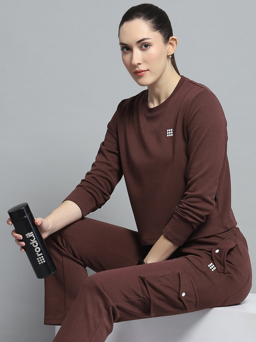 Women Brown Solid Round Neck Full Sleeve Tracksuit