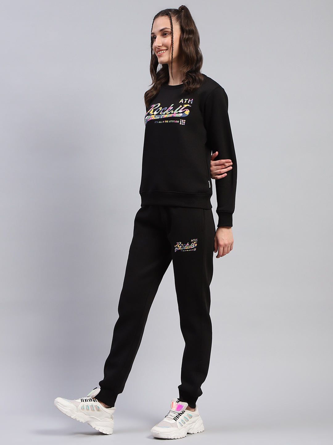 Women Black Printed Round Neck Full Sleeve Tracksuit