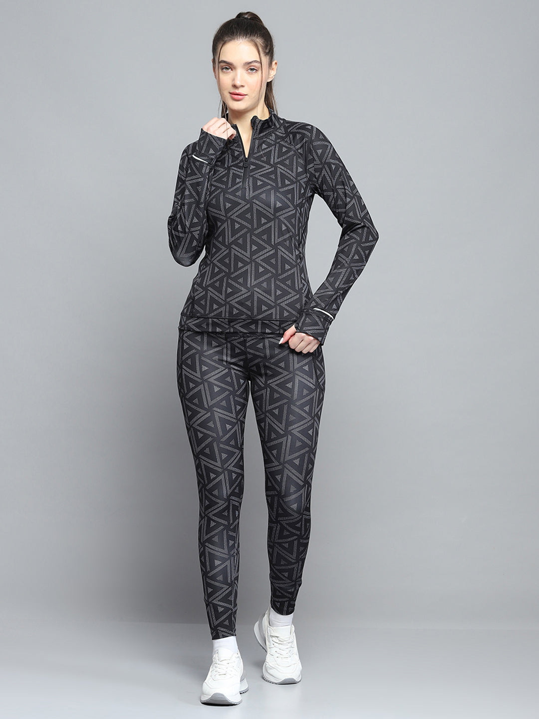 Women Black Printed Mock Neck Full Sleeve Tracksuit