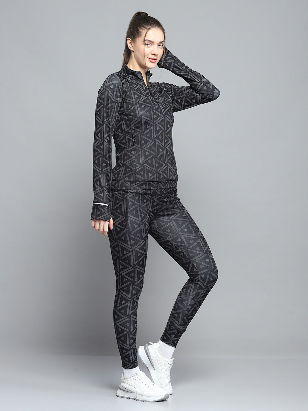 Women Black Printed Mock Neck Full Sleeve Tracksuit