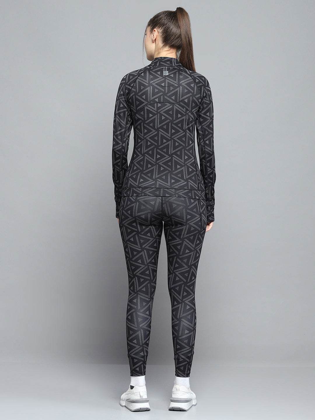 Women Black Printed Mock Neck Full Sleeve Tracksuit