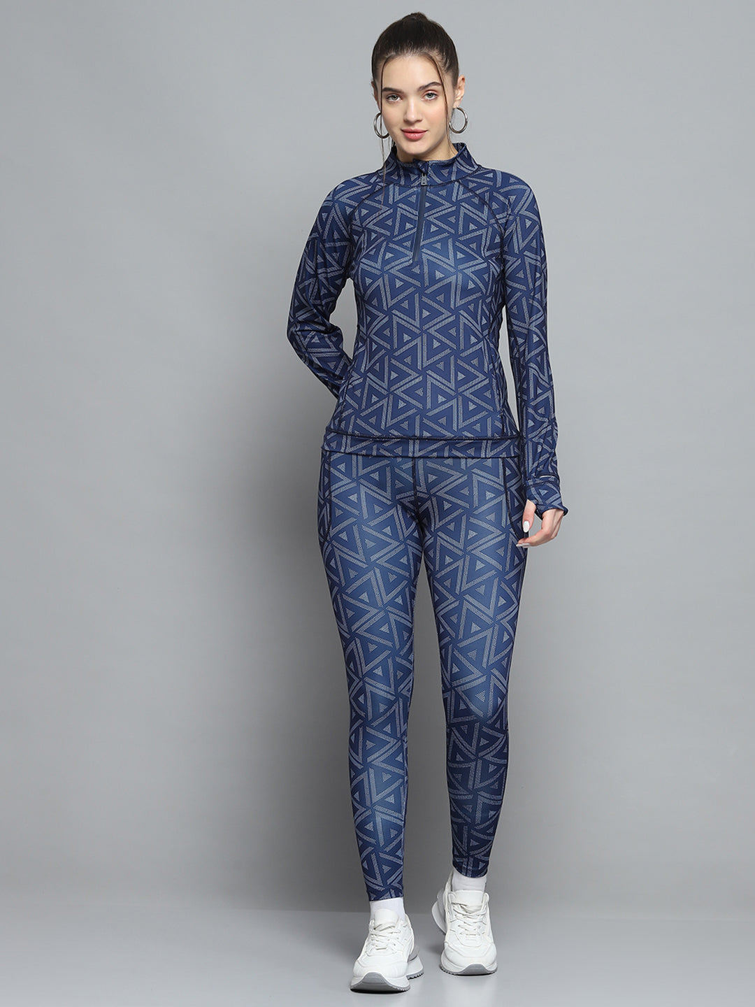 Women Navy Blue Printed Mock Neck Full Sleeve Tracksuit