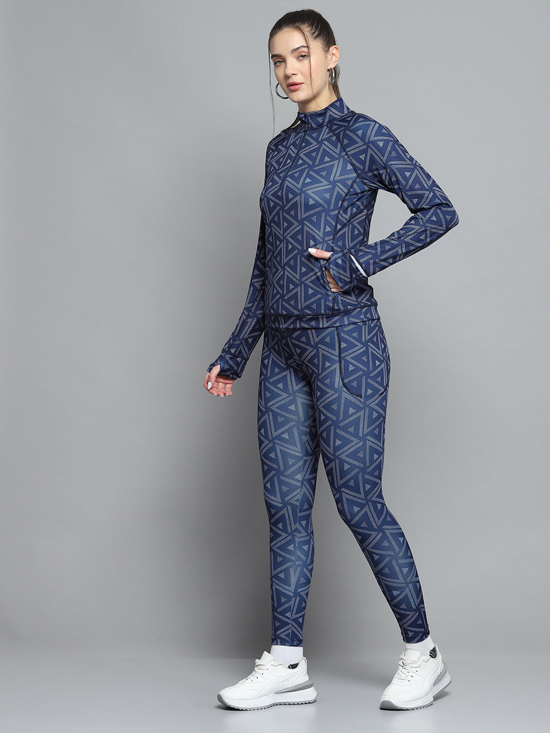 Women Navy Blue Printed Mock Neck Full Sleeve Tracksuit