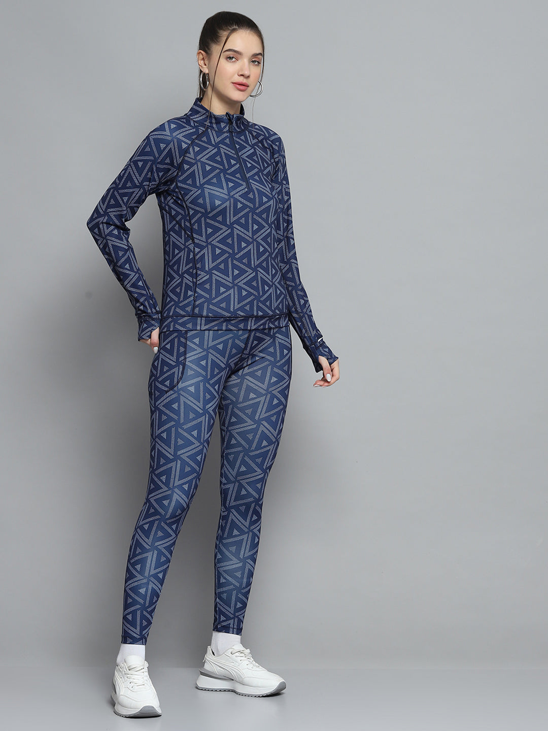 Women Navy Blue Printed Mock Neck Full Sleeve Tracksuit