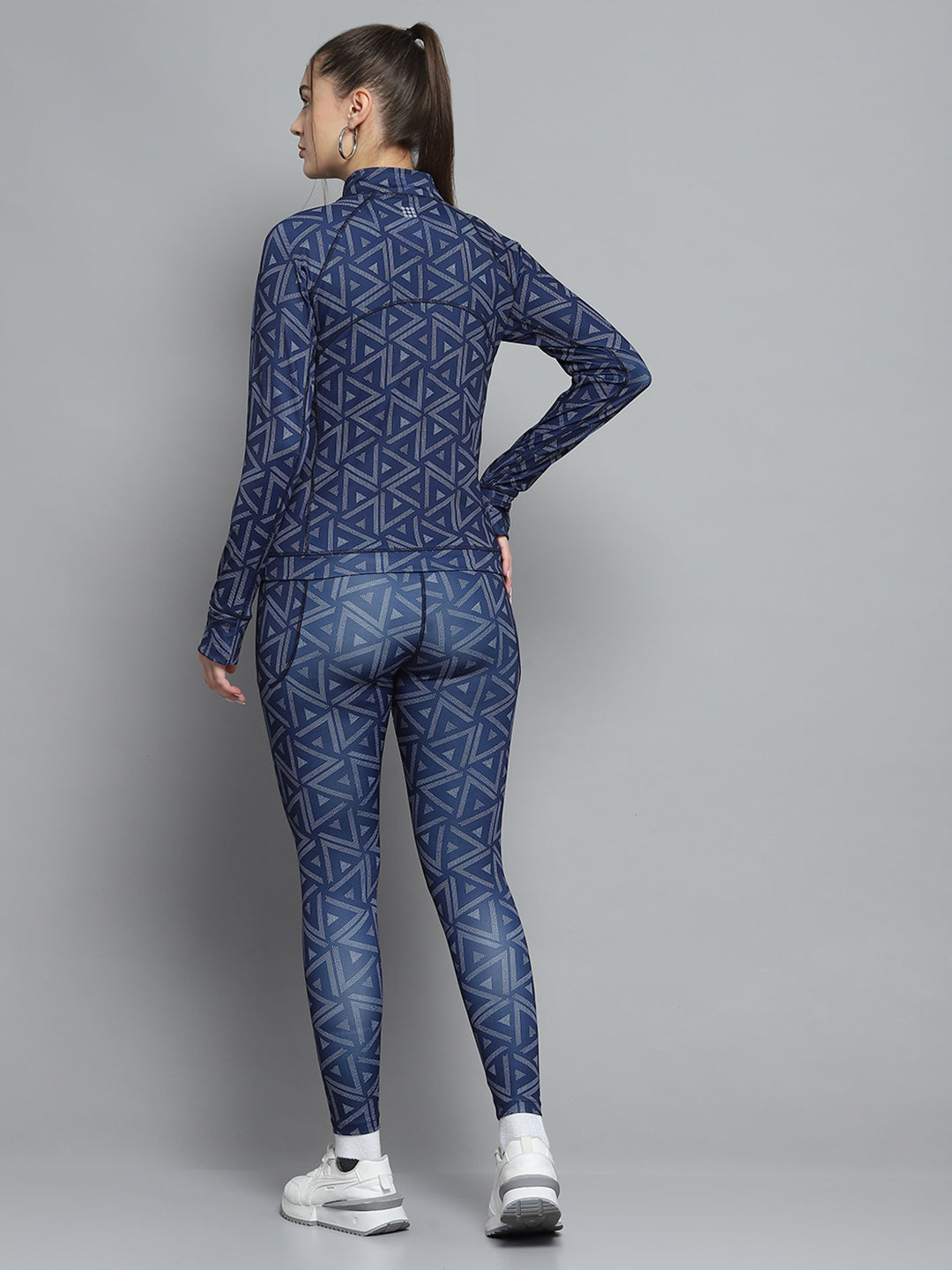 Women Navy Blue Printed Mock Neck Full Sleeve Tracksuit