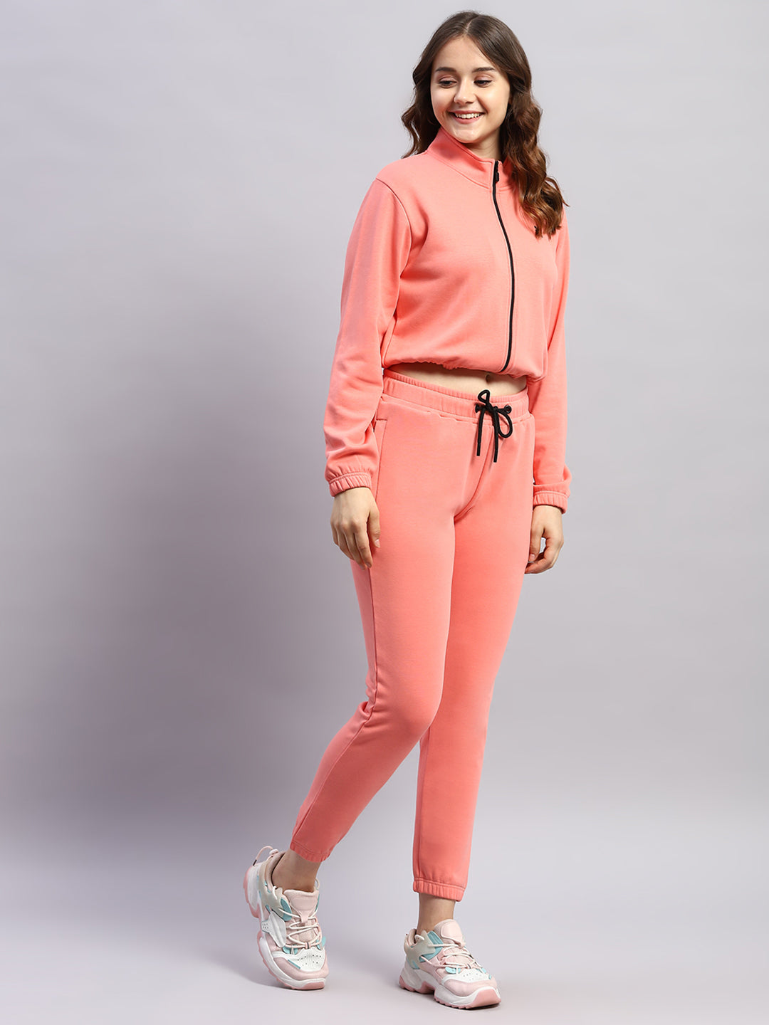 Women Pink Solid Mock Neck Full Sleeve Tracksuit