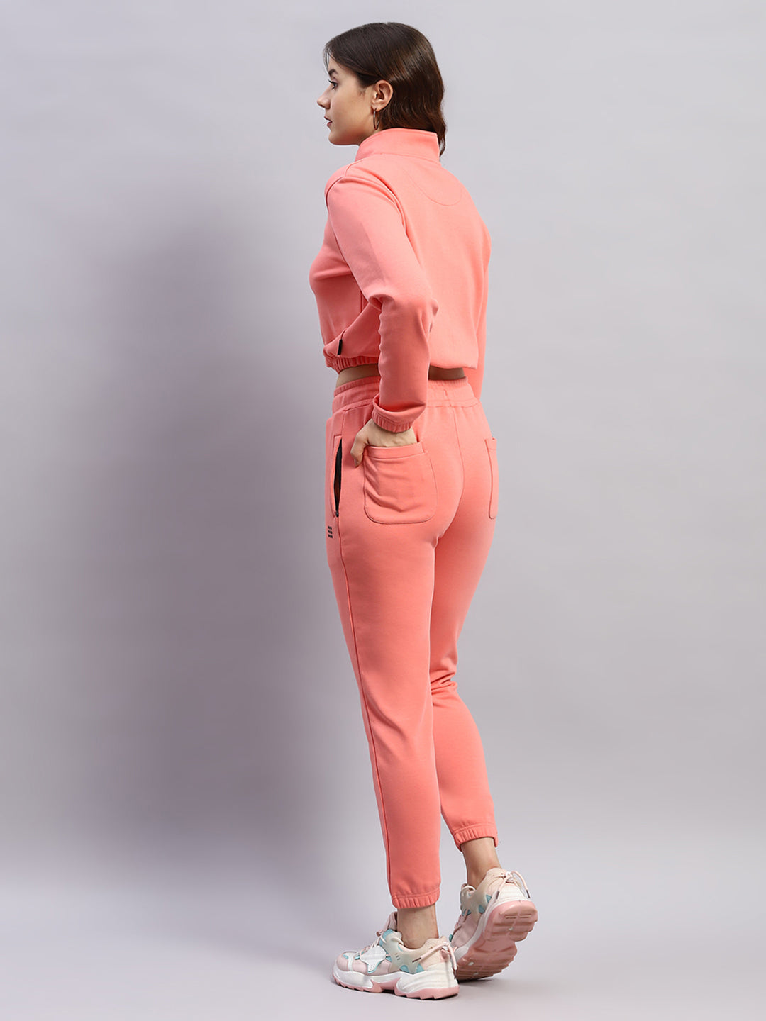 Women Pink Solid Mock Neck Full Sleeve Tracksuit