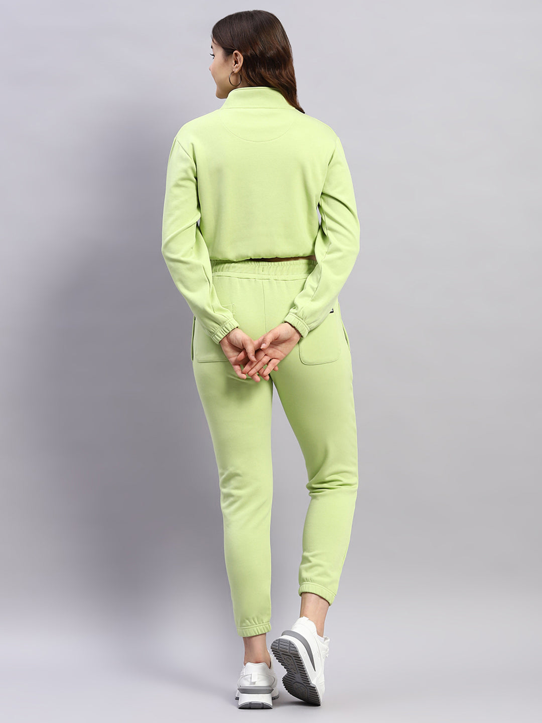 Women Green Solid Mock Neck Full Sleeve Tracksuit