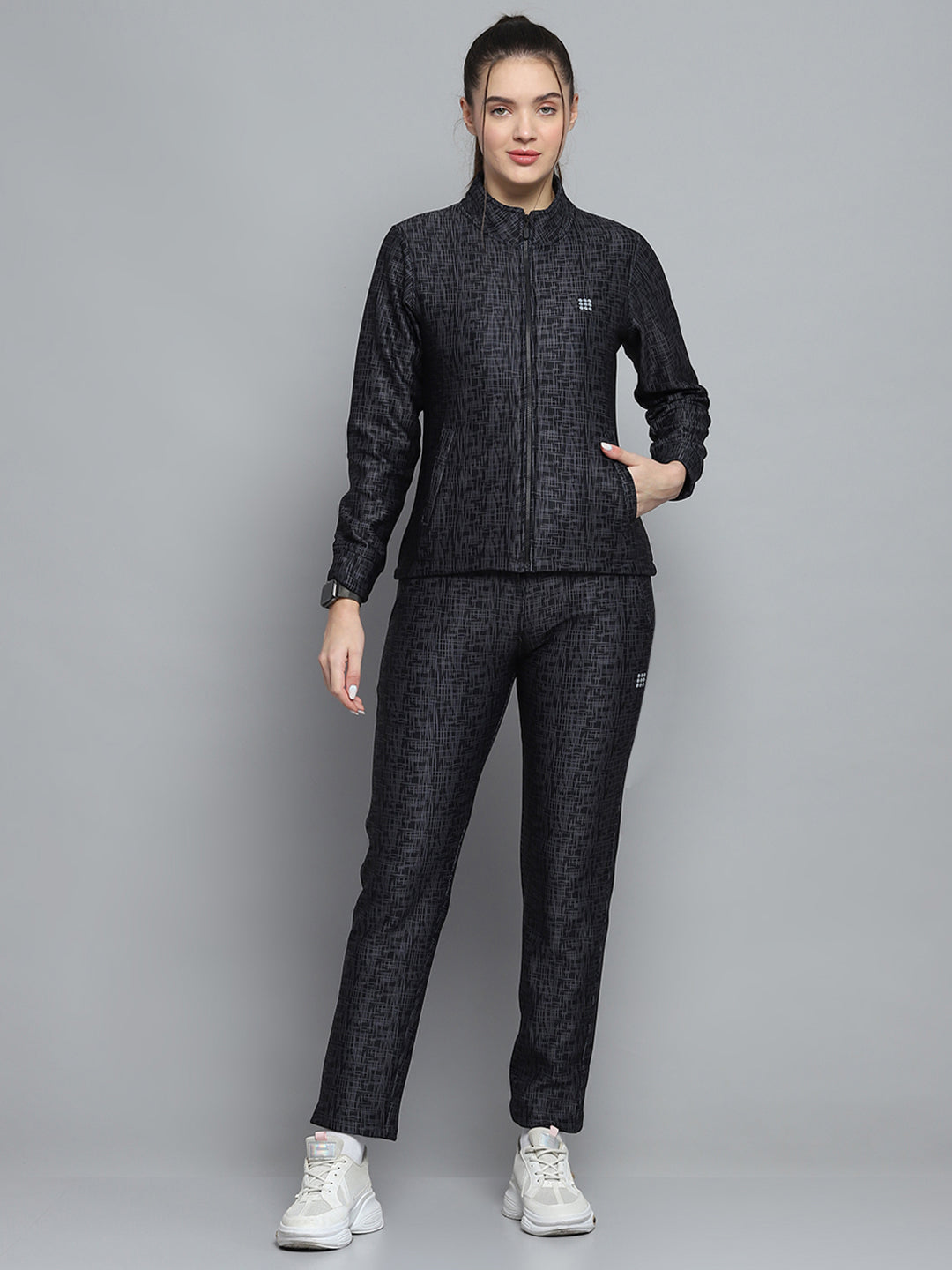 Women Black Printed Mock Neck Full Sleeve Tracksuit