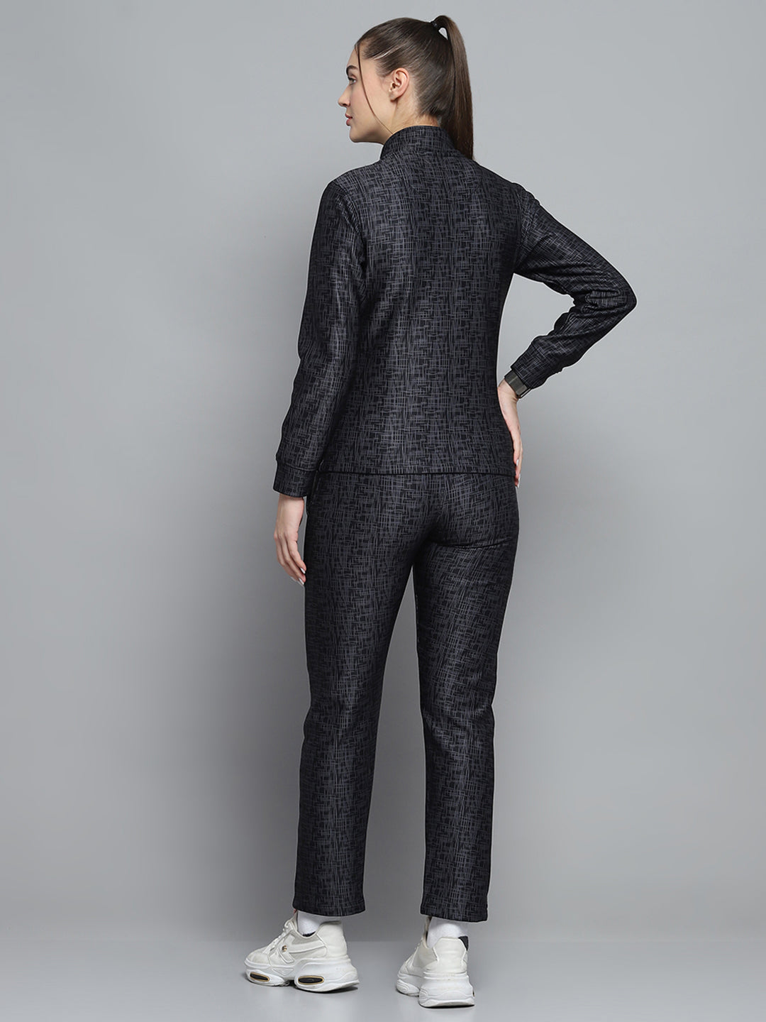 Women Black Printed Mock Neck Full Sleeve Tracksuit