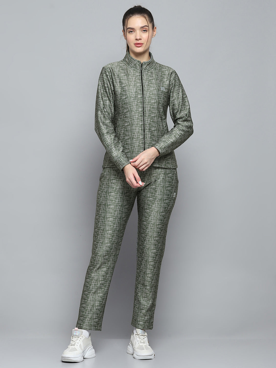 Women Olive Printed Mock Neck Full Sleeve Tracksuit