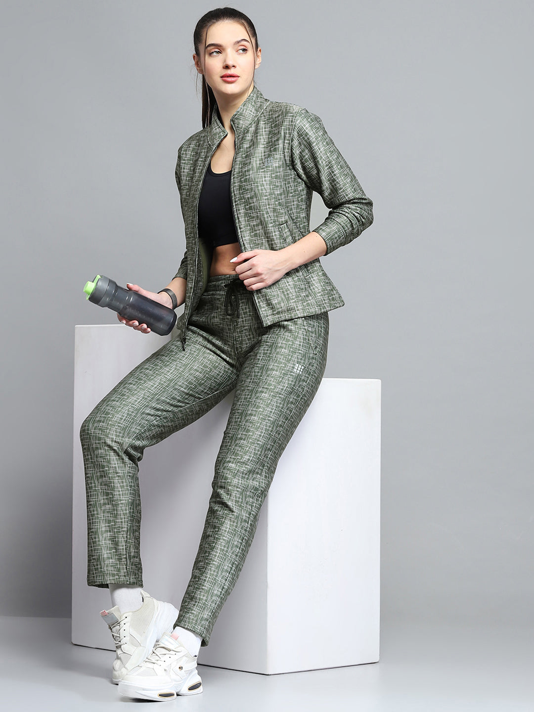 Women Olive Printed Mock Neck Full Sleeve Tracksuit