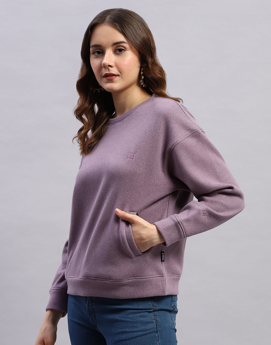 Women Purple Solid Round Neck Full Sleeve Sweatshirt