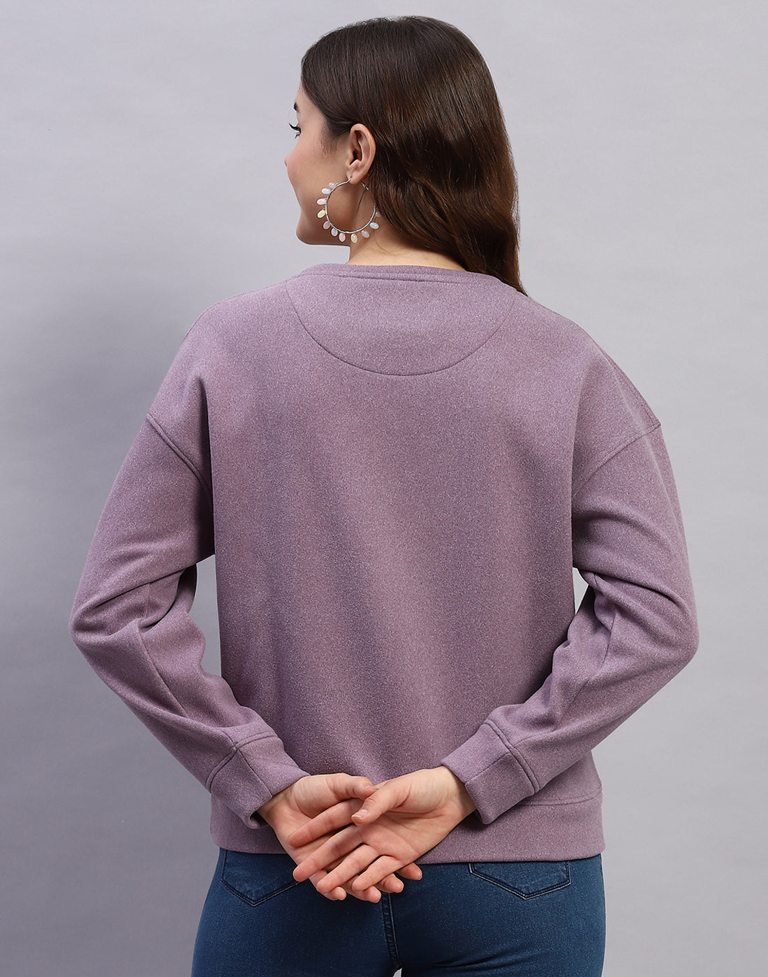 Women Purple Solid Round Neck Full Sleeve Sweatshirt