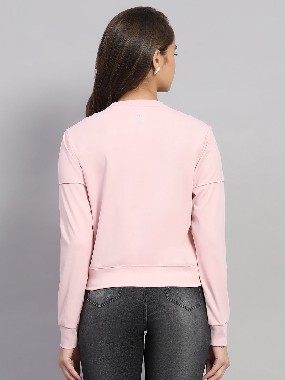 Women Pink Solid Round Neck Full Sleeve Sweatshirt