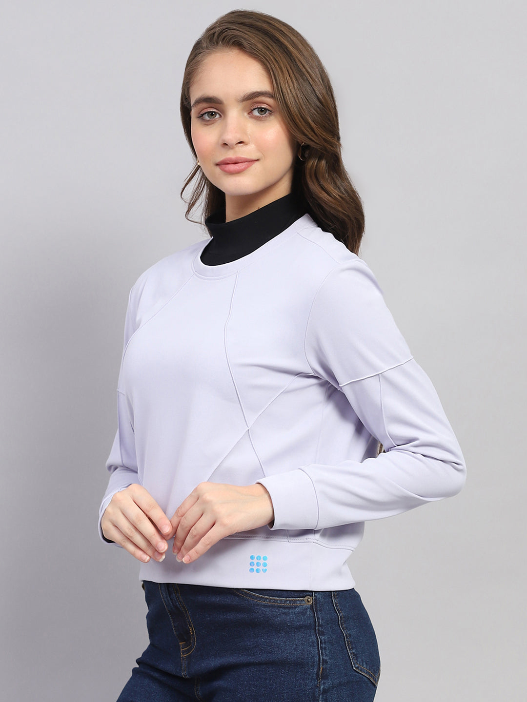 Women Purple Solid Round Neck Full Sleeve Sweatshirt