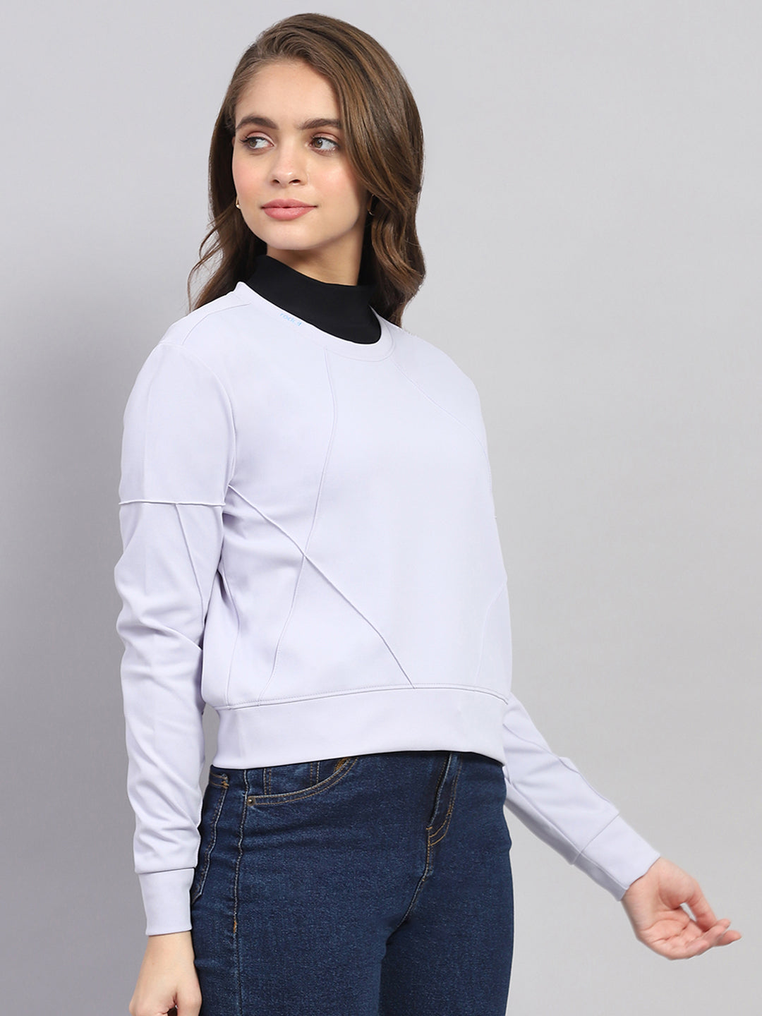 Women Purple Solid Round Neck Full Sleeve Sweatshirt