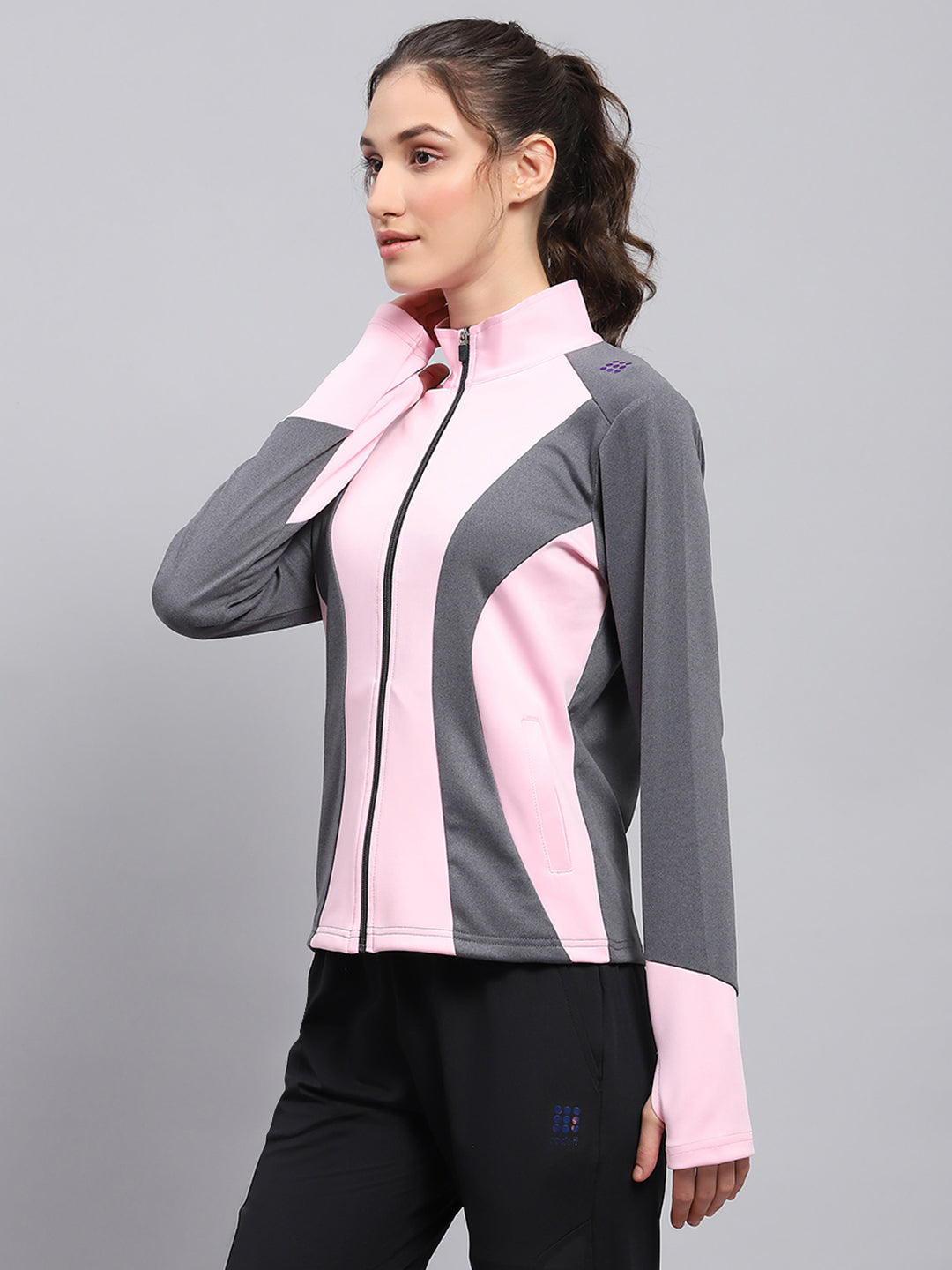 Women Pink & Grey Solid Mock Neck Full Sleeve Sweatshirt