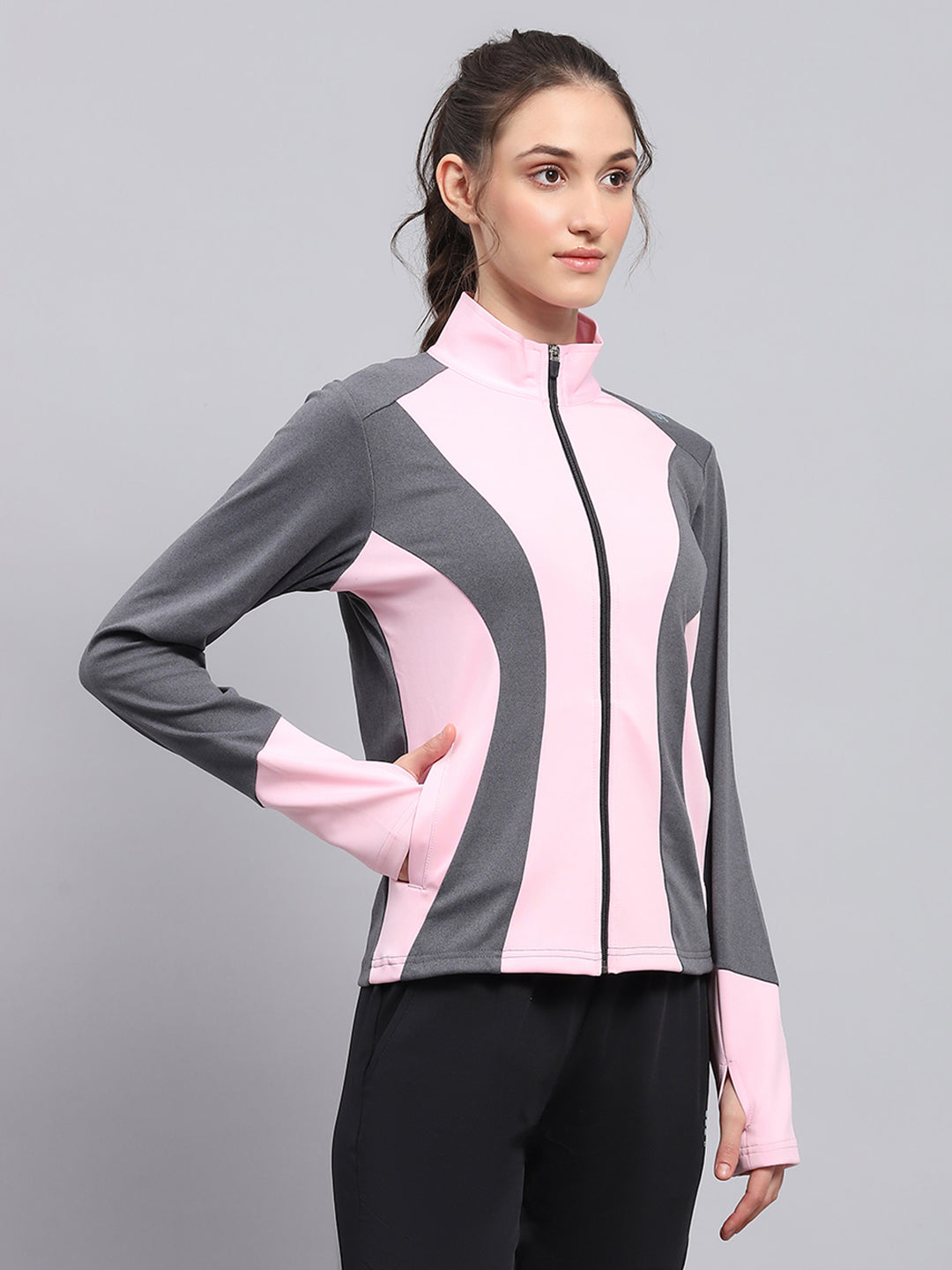 Women Pink & Grey Solid Mock Neck Full Sleeve Sweatshirt