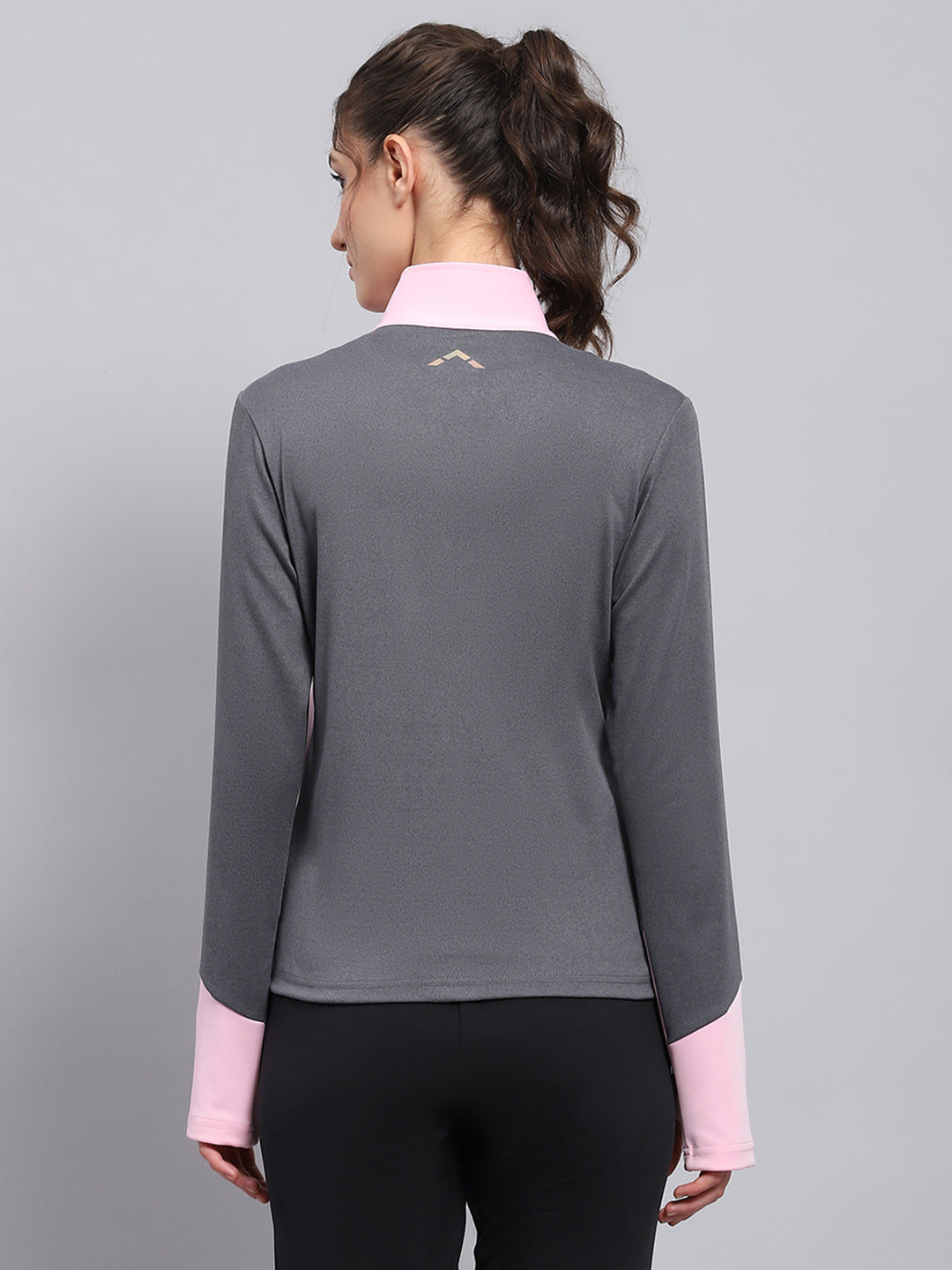 Women Pink & Grey Solid Mock Neck Full Sleeve Sweatshirt