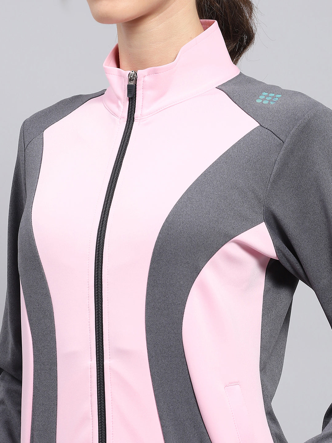 Women Pink & Grey Solid Mock Neck Full Sleeve Sweatshirt