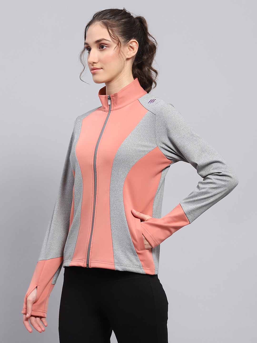 Women Coral & Grey Solid Mock Neck Full Sleeve Sweatshirt