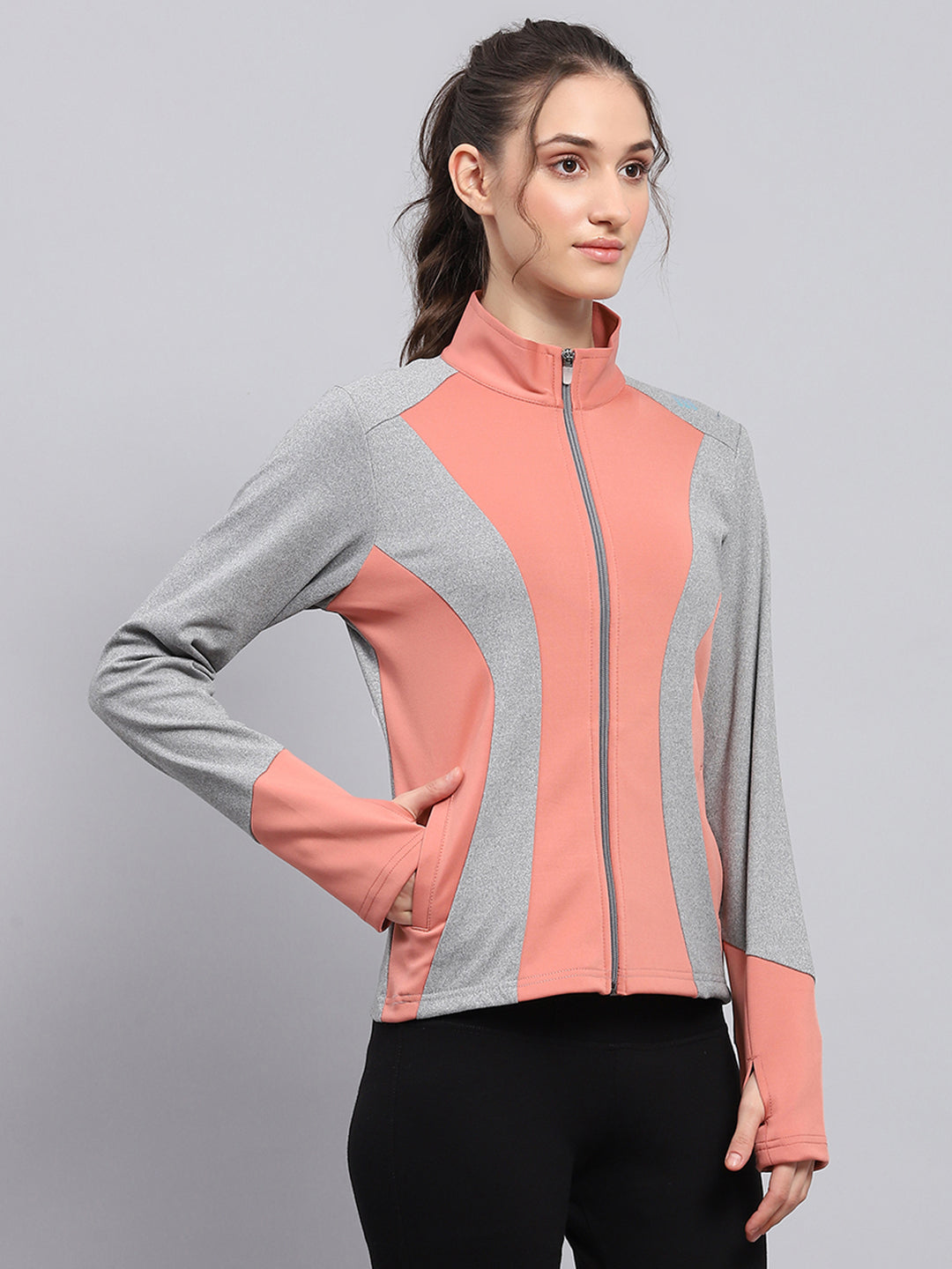 Women Coral & Grey Solid Mock Neck Full Sleeve Sweatshirt