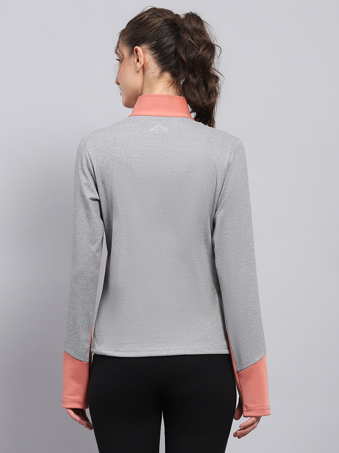 Women Coral & Grey Solid Mock Neck Full Sleeve Sweatshirt