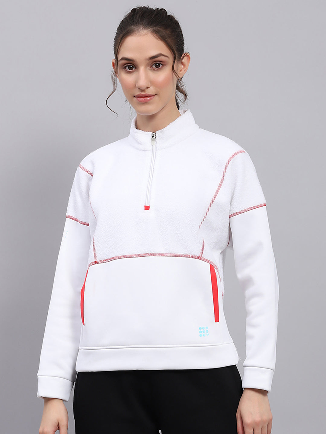 Women White Solid Mock Neck Full Sleeve Sweatshirt