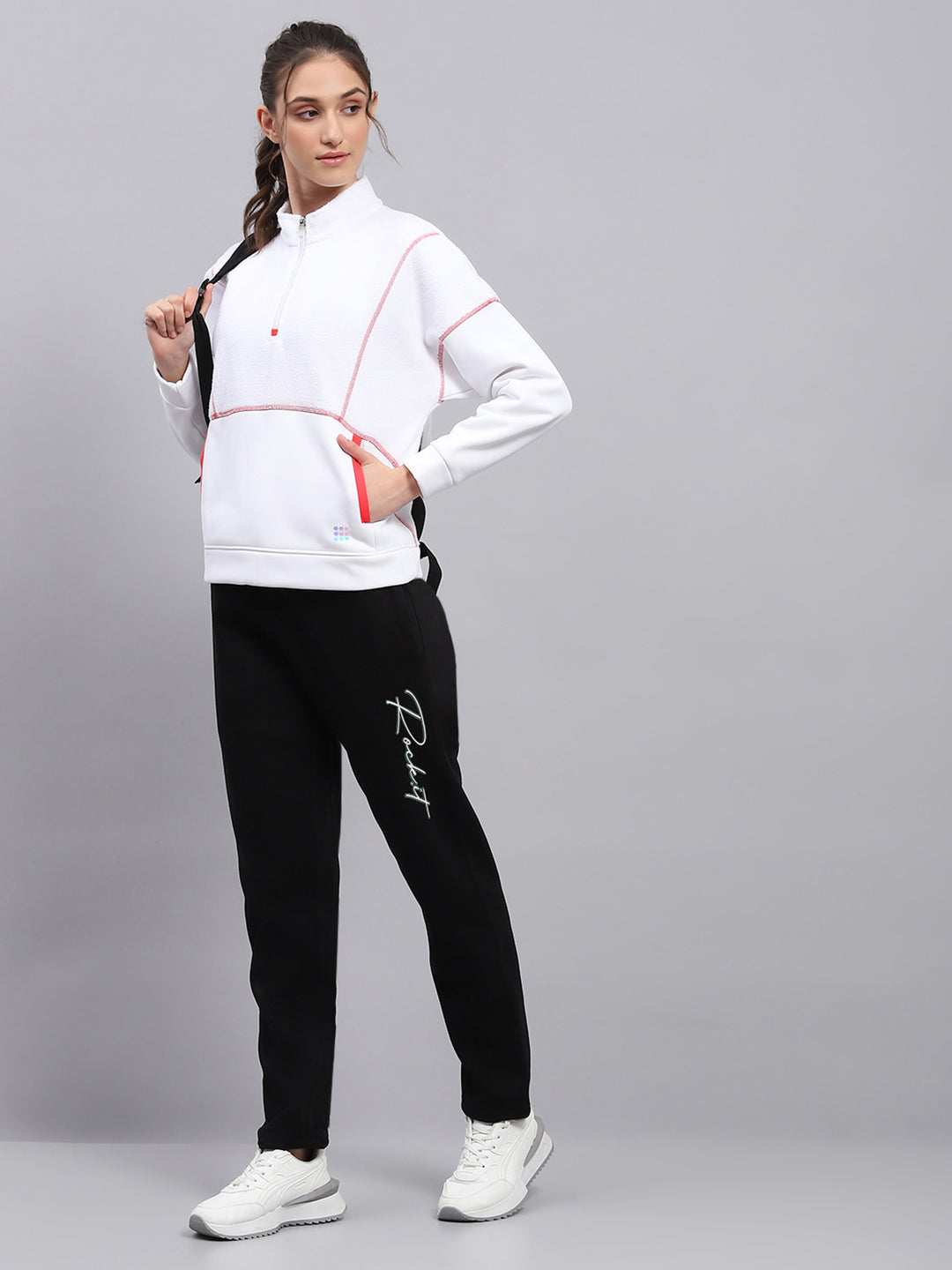 Women White Solid Mock Neck Full Sleeve Sweatshirt