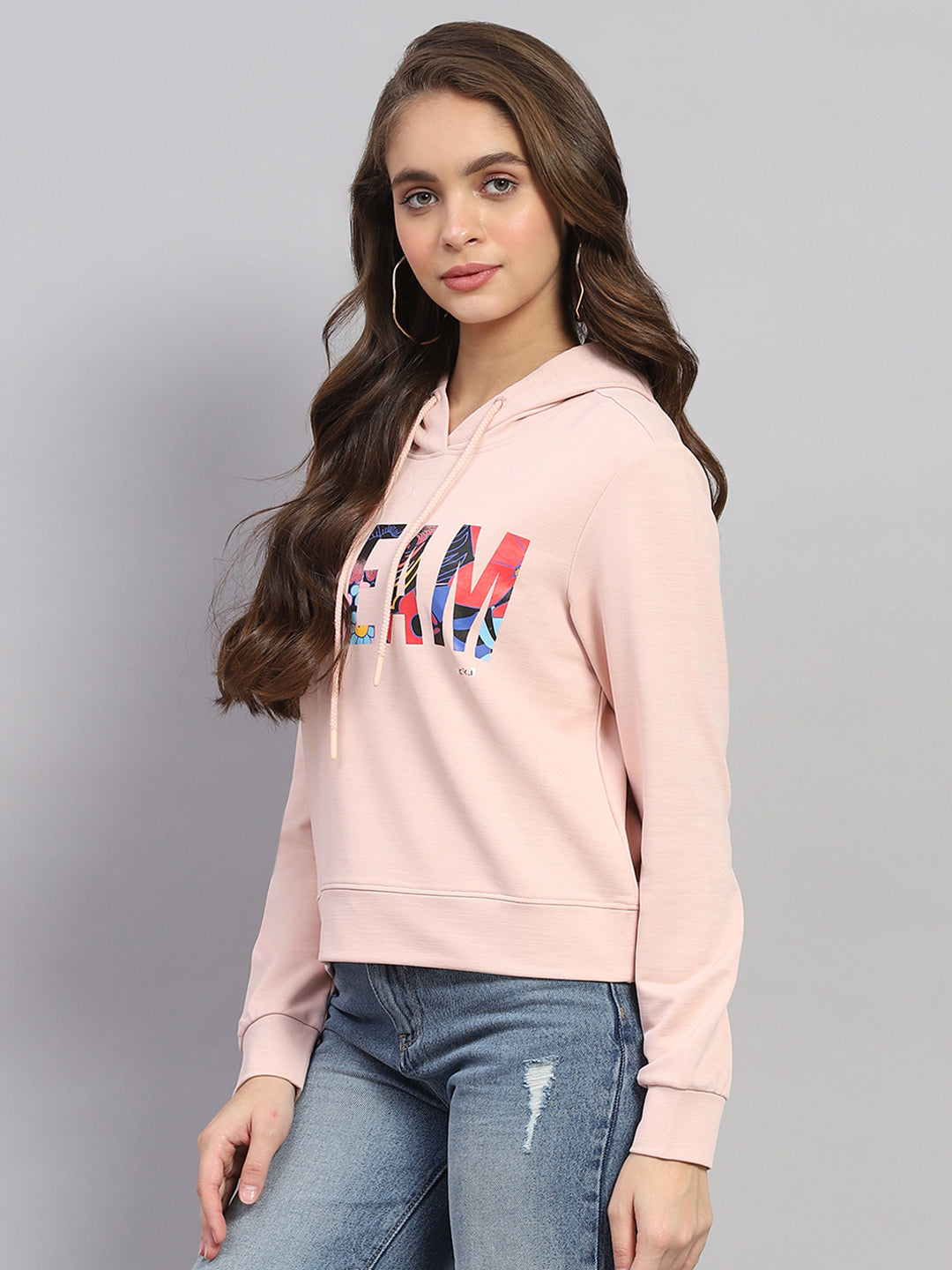 Women Peach Printed Hooded Full Sleeve Sweatshirt