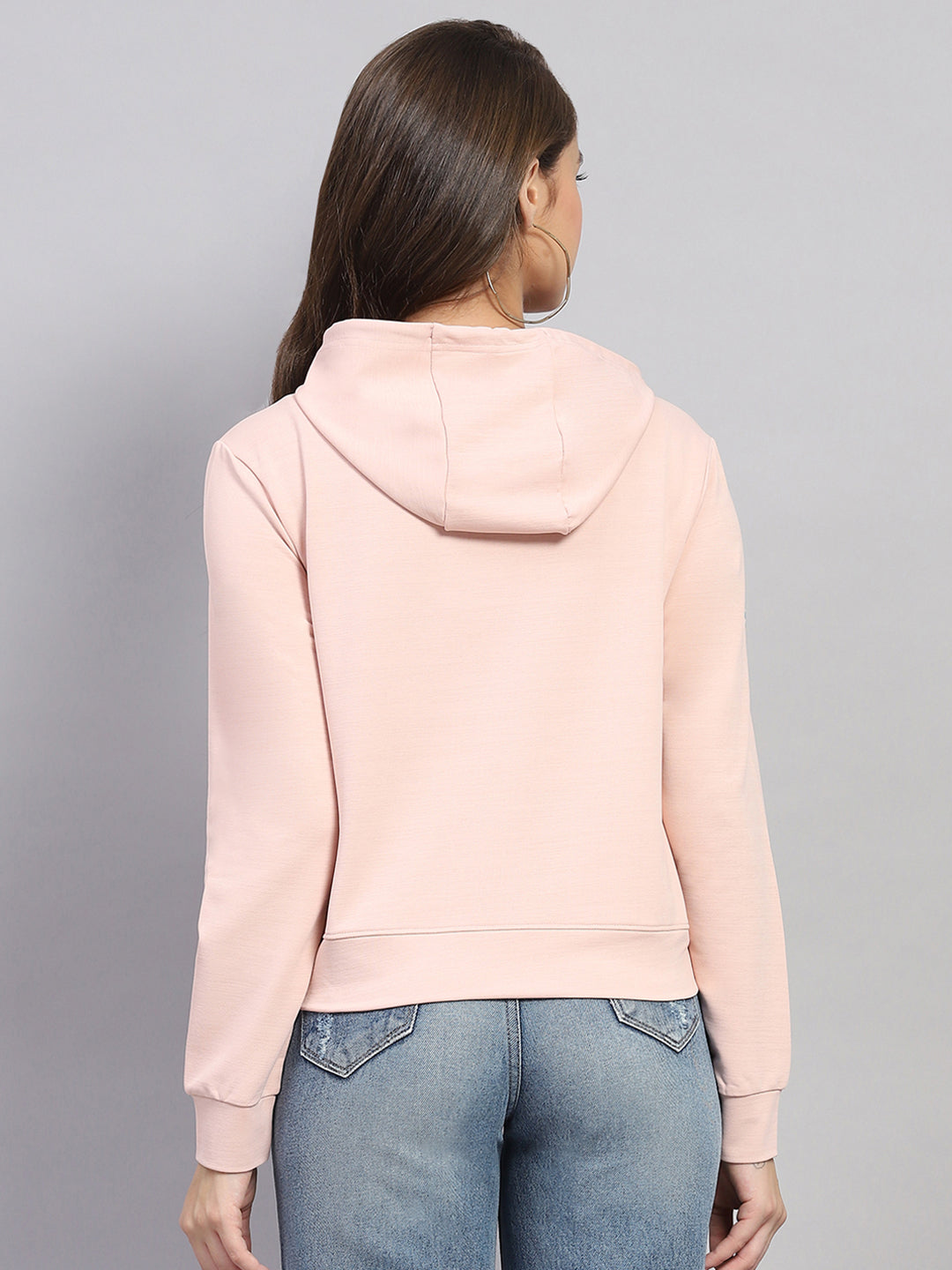 Women Peach Printed Hooded Full Sleeve Sweatshirt