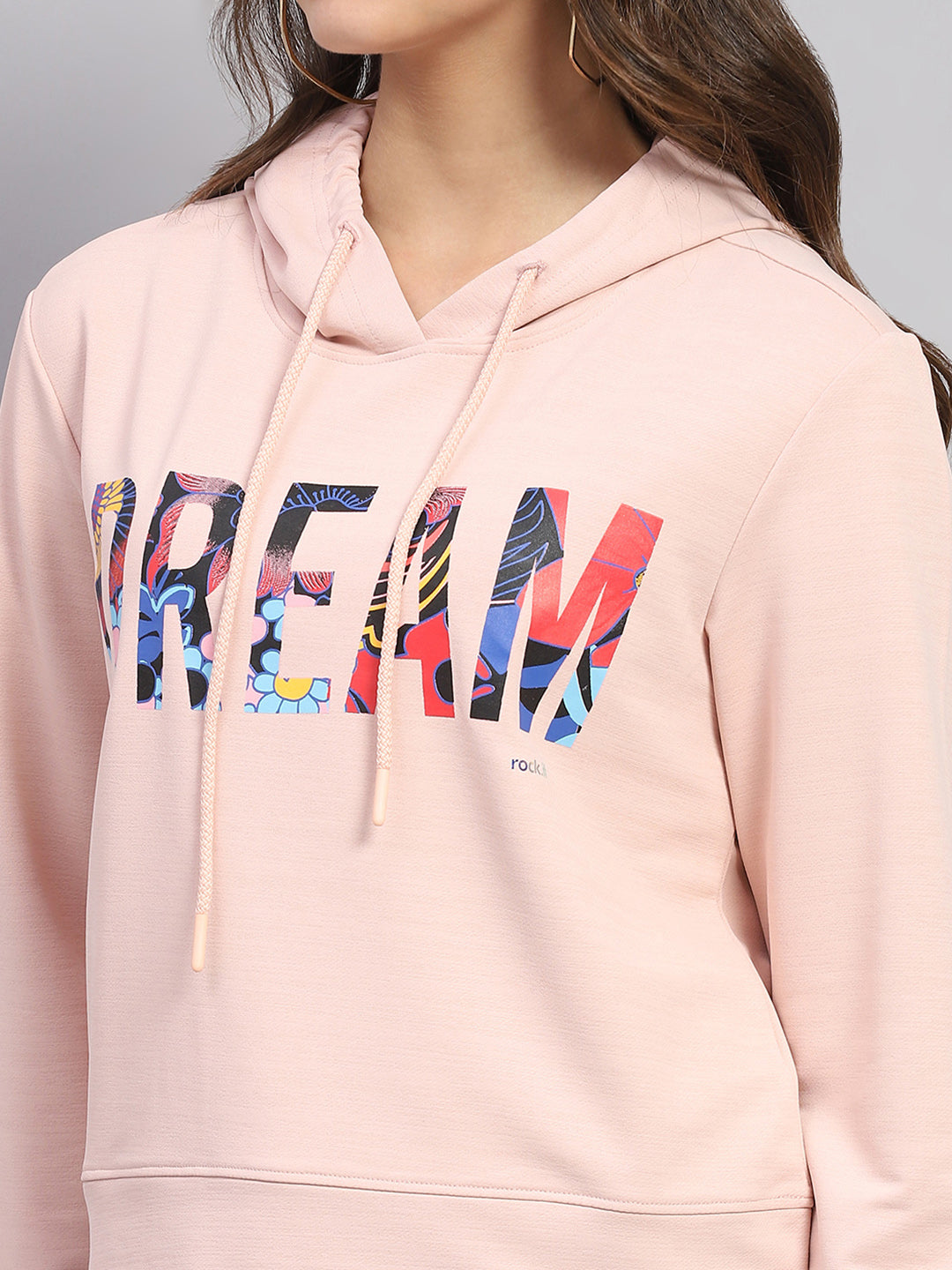 Women Peach Printed Hooded Full Sleeve Sweatshirt