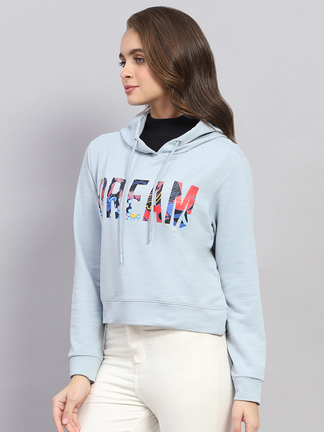 Women Blue Printed Hooded Full Sleeve Sweatshirt