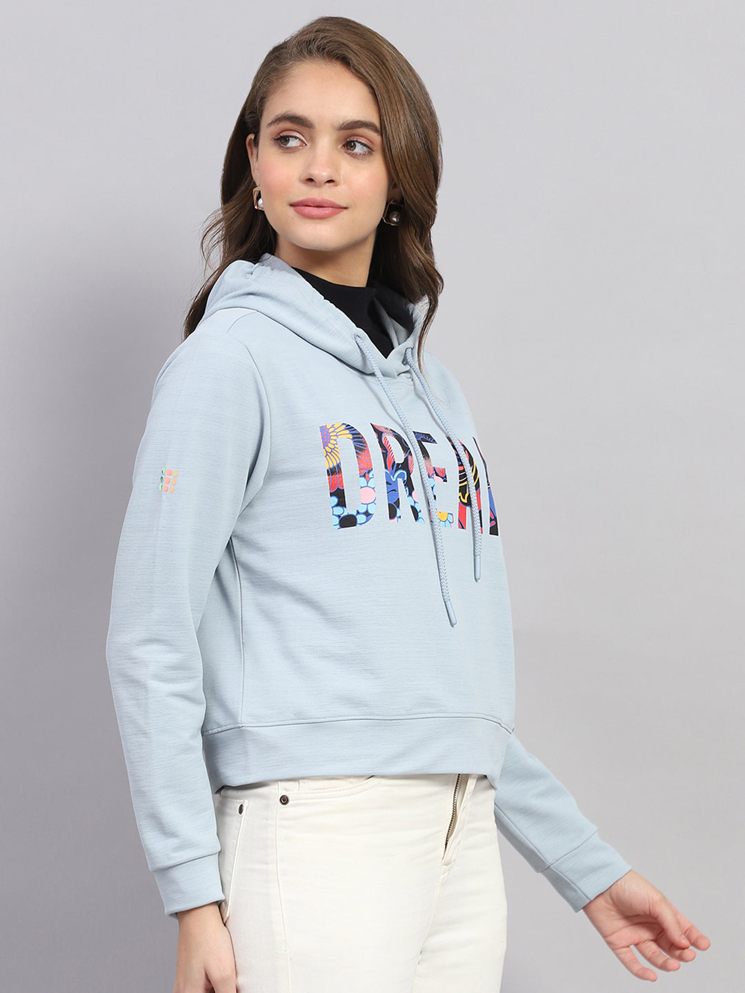 Women Blue Printed Hooded Full Sleeve Sweatshirt