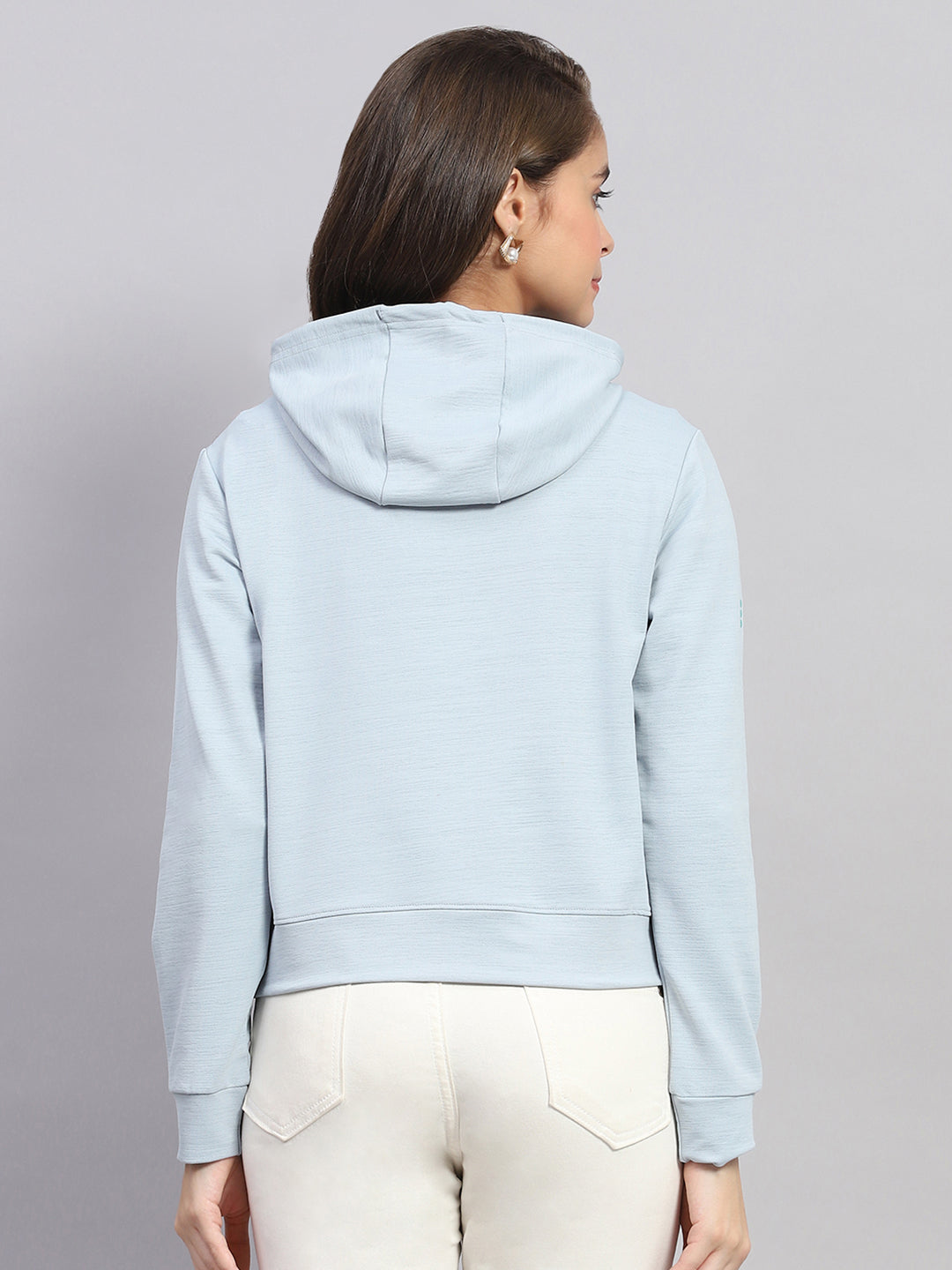 Women Blue Printed Hooded Full Sleeve Sweatshirt