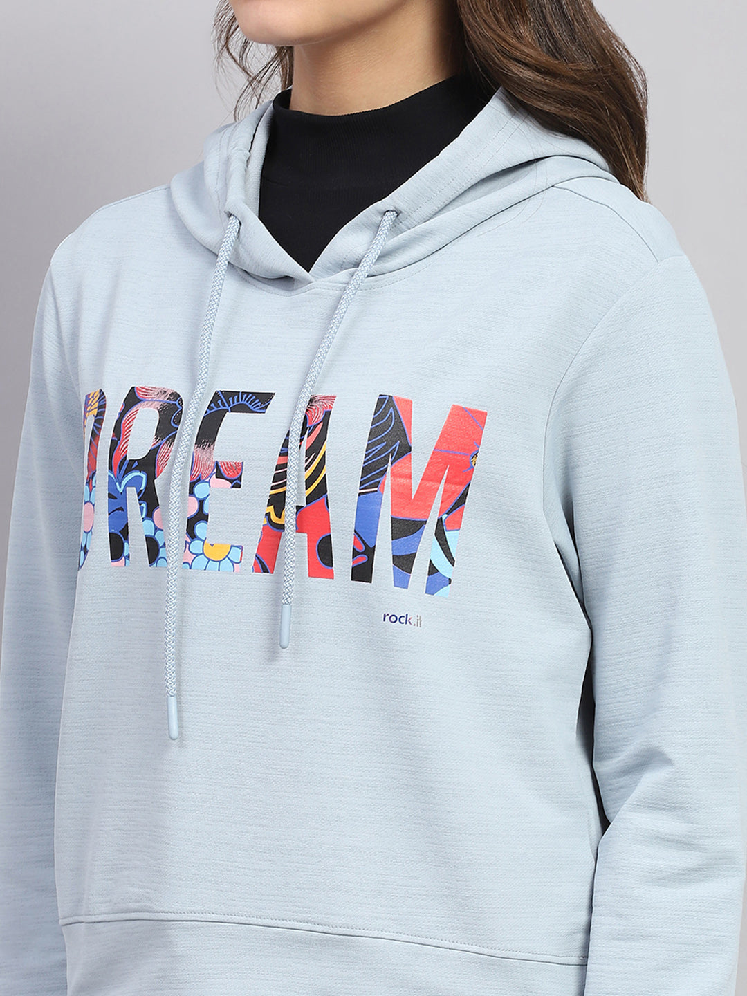 Women Blue Printed Hooded Full Sleeve Sweatshirt