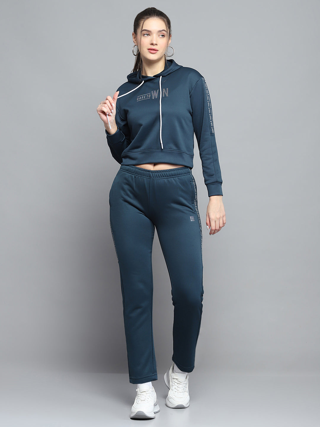 Women Teal Blue Printed Hooded Full Sleeve Tracksuit